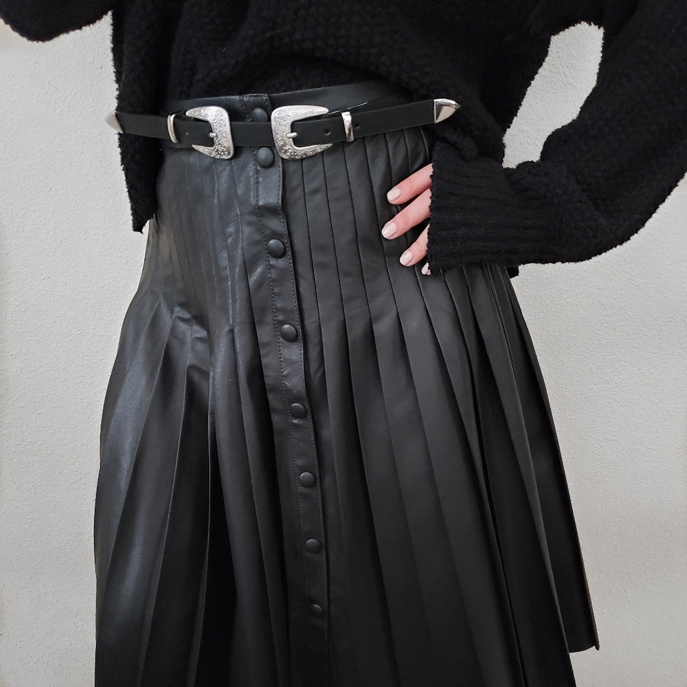 Rebecca Taylor Faux Leather Pleated Midi Skirt